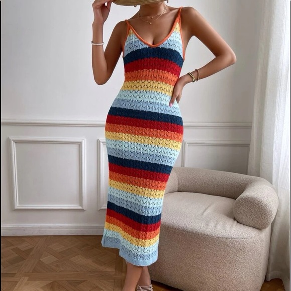 Boho Rainbow Color Block Knit Cami Crochet Maxi Dress WITHOUT BELT - Picture 5 of 9